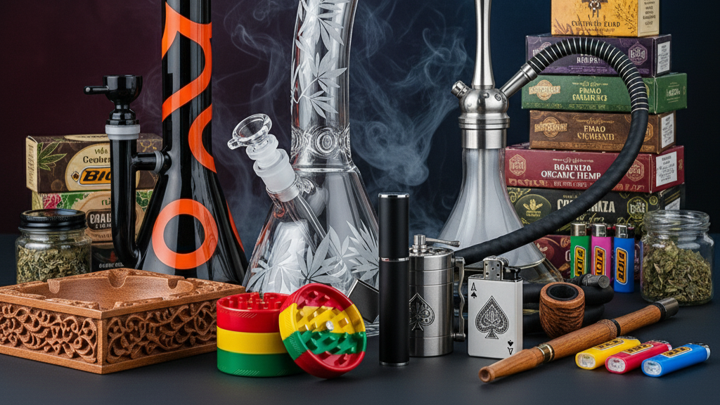Collection of smoking accessories including a hookah, bongs, and smoking paraphernalia on a dark background.
